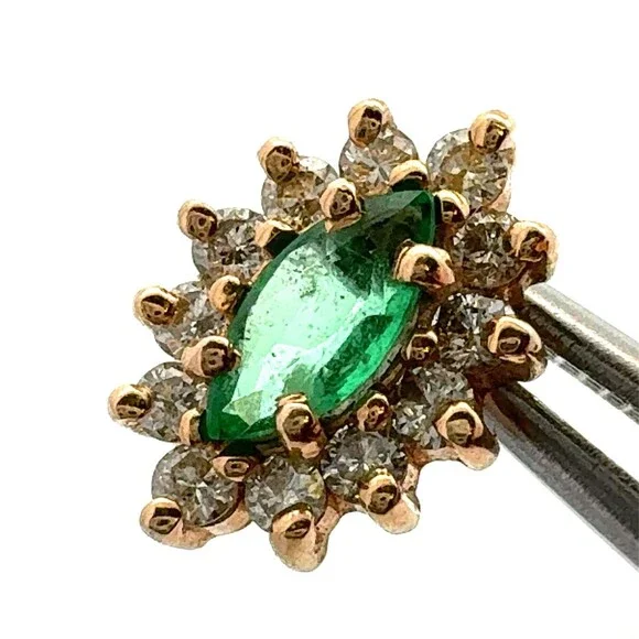 Estate 14k Yellow Gold Marquise Cut Emerald Diamond Halo Flower Stud Earrings